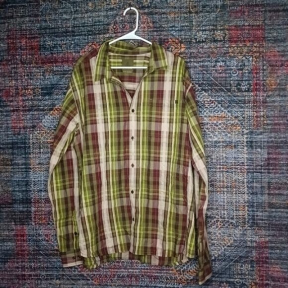prAna mens brown olive lime beige plaid button front shirt XL EUC - Picture 1 of 4